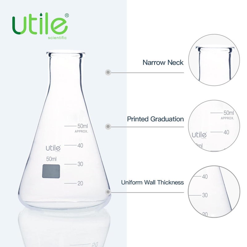 UTILE Glass Erlenmeyer Flask Set, 50ml Narrow Mouth Erlenmeyer Flasks, 6pcs of Borosilicate 3.3 Glass Conical Flasks for Laboratory with Printed Graduation, 4016.0050.6 - Image 3